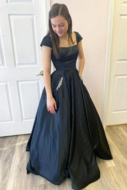 A Line Satin Open Black Cap Sleeves  Long Prom Dresses