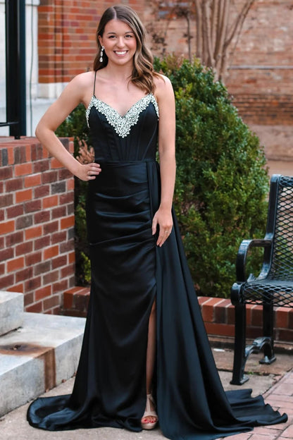 Robe de bal longue noire à col en V et traîne attachée PSK482
