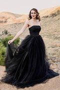 Vestidos de novia góticos negros de corte A sin mangas con cola WD704