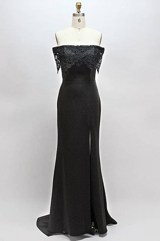 Schwarzes Brautjungfernkleid aus Spitze mit Schlitz SCB68