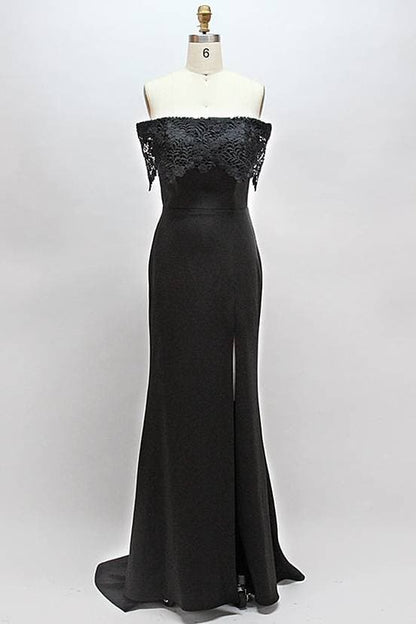 Schwarzes Brautjungfernkleid aus Spitze mit Schlitz SCB68