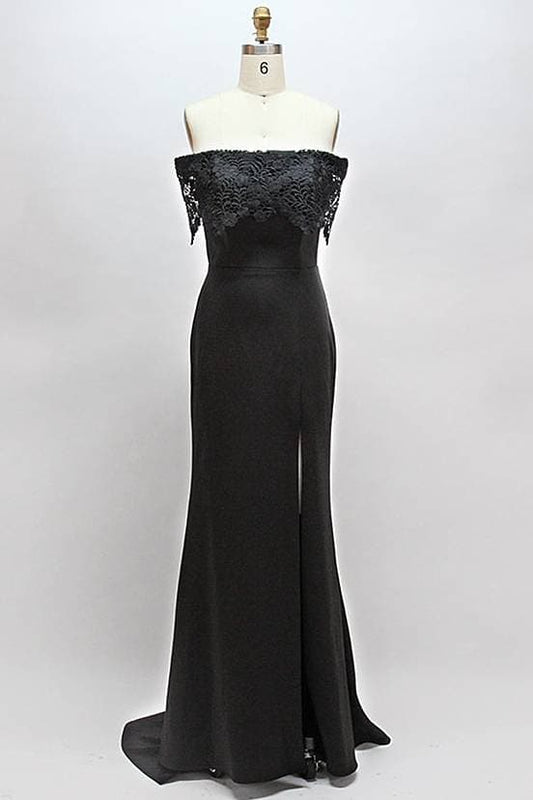 Schwarzes Brautjungfernkleid aus Spitze mit Schlitz SCB68