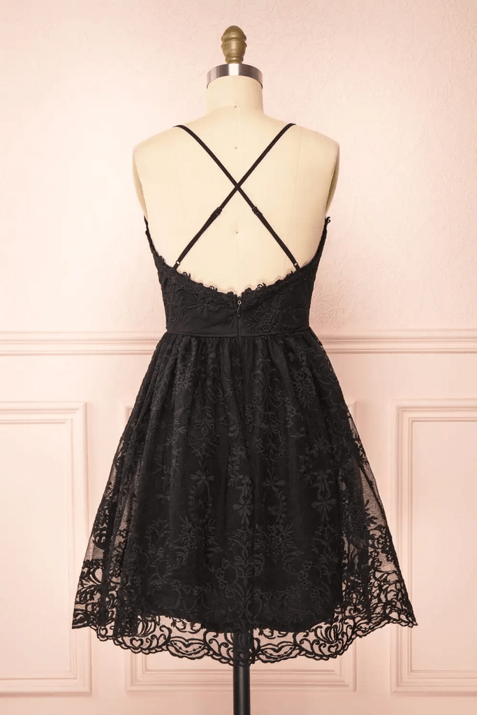 Schwarzes A-Linien-Partykleid mit Spitzenträgern, kurzes Spitzenkleid für den Heimkehr PD466