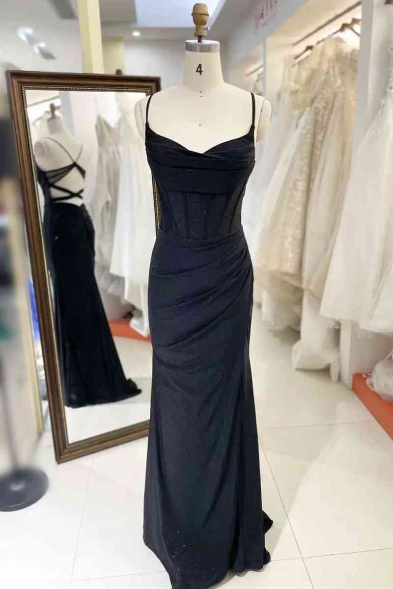 Schwarzes plissiertes Ballkleid mit Spaghettiträgern SYP119