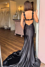 Satin Floral Meerjungfrau Schwarz Langes Ballkleid Abendkleid PSK527