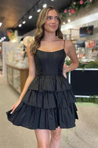 Schwarzes Satin-A-Linien-Kurzkorsett-Heimkehrkleid mit Trägern und Schleife PD543