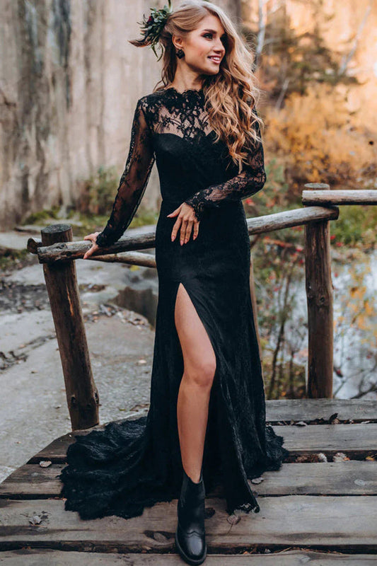 Vestido de novia negro con escote corazón, mangas largas, encaje y espalda descubierta WD673