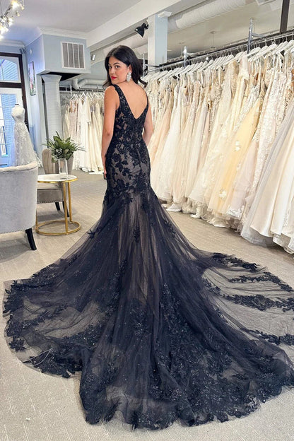 Vestido de novia largo con escote en V y apliques de tul negro WD699