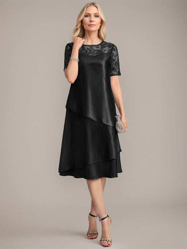 Vestido de madre de la novia con corte en A, escote redondo y largo hasta la rodilla, con apliques y lentejuelas