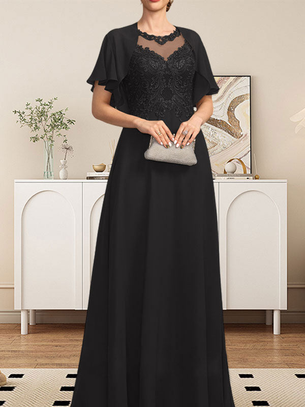 Vestido de gasa con encaje y lentejuelas para madre de la novia, corte A, escote ilusión, largo hasta el suelo