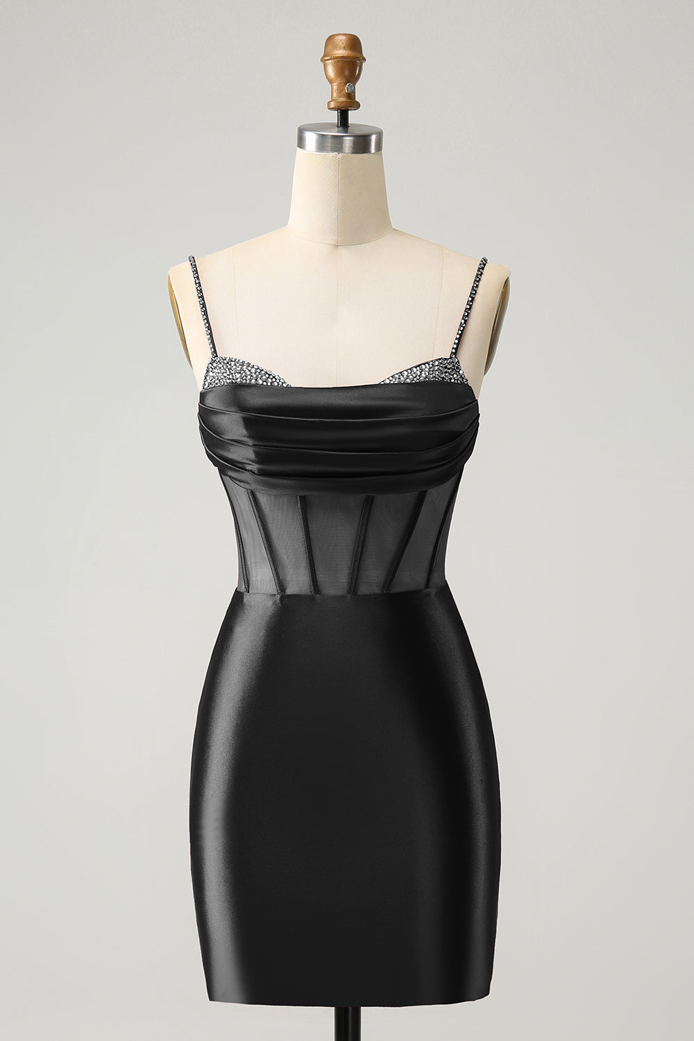 Vestido corto elegante de fiesta con corsé plisado y ajustado en color fucsia con cuentas