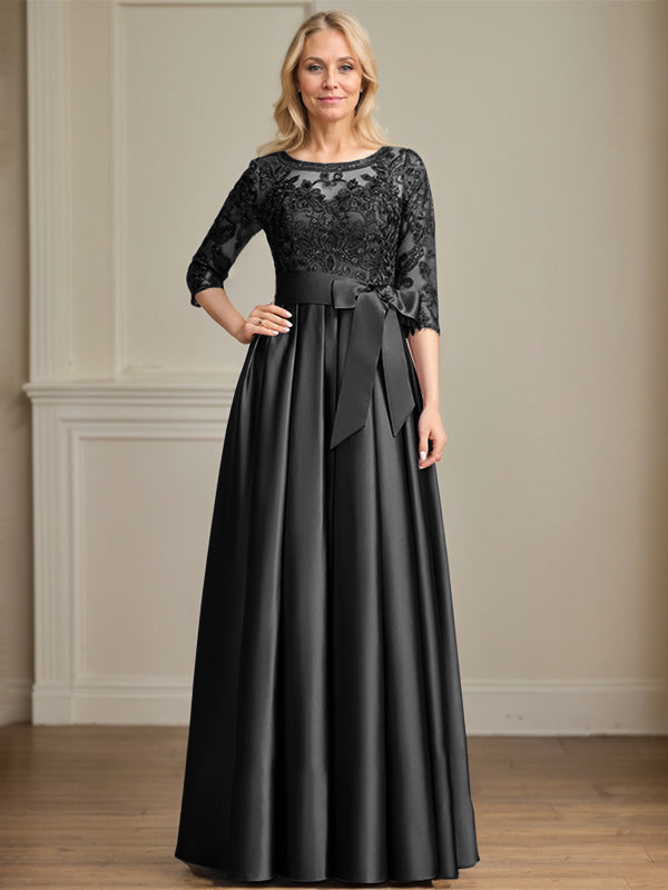 Vestido de madre de la novia de satén con encaje, corte A, escote ilusión, largo hasta el suelo, con lazo de lentejuelas