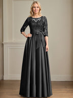 Vestido de madre de la novia de satén con encaje, corte A, escote ilusión, largo hasta el suelo, con lazo de lentejuelas