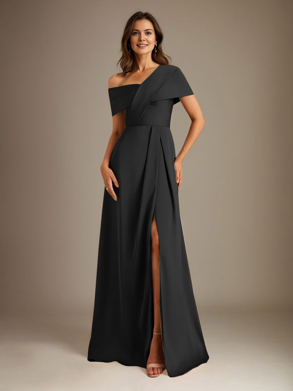 A-Line Asymmetrical Neckline Floor-Length Satin Mother of the Bride Dress With Pleated
