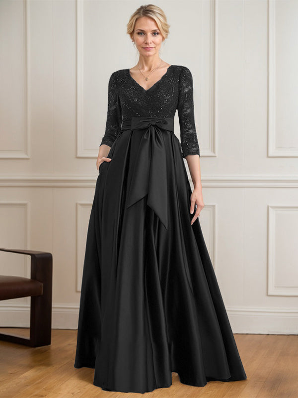Vestido de madre de la novia de satén con encaje, escote en V y largo hasta el suelo con lazo de lentejuelas