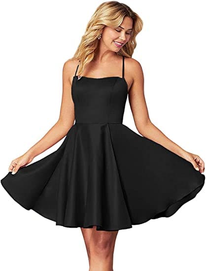 Spaghettiträger Homecoming Kleid Kurz Satin Puffy Cocktail SYH1