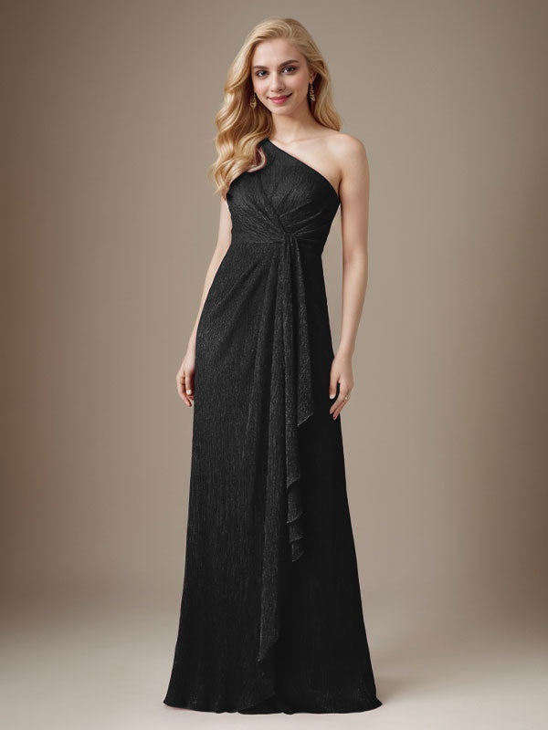 Vestido de madre de la novia con un solo hombro de malla metálica y corte rubí
