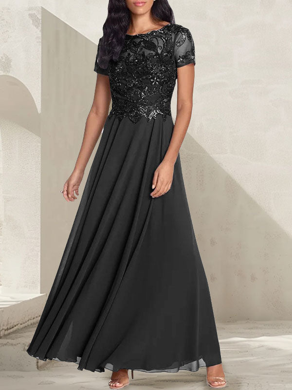 Vestido largo de madre de la novia con escote redondo, corte A, color gris carbón y cuentas