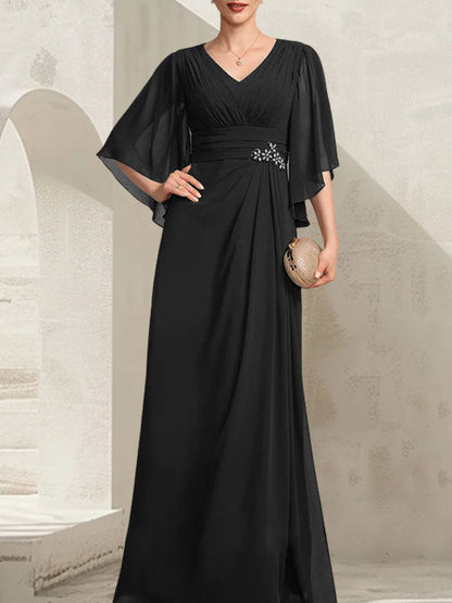 Etui-Linie/Säule V-Ausschnitt Bodenlang Chiffon Kleid für die Brautmutter mit Plissee Pailletten Perlenbesatz