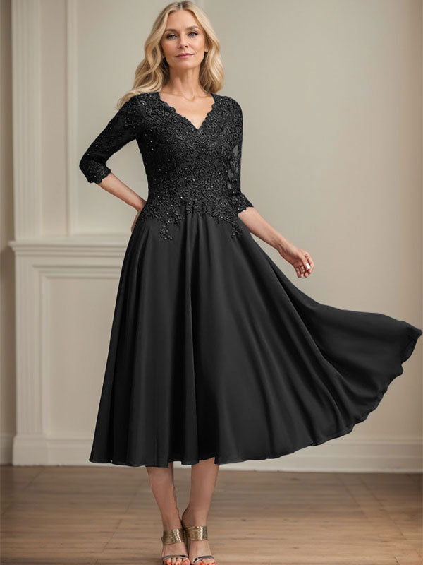 A-Linie V-Ausschnitt Wadenlanges Chiffon-Spitzenkleid für die Brautmutter mit Perlen und Pailletten 