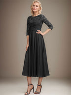 Vestido de gasa con encaje y lentejuelas para madre de la novia, corte A, escote redondo y largo hasta la rodilla