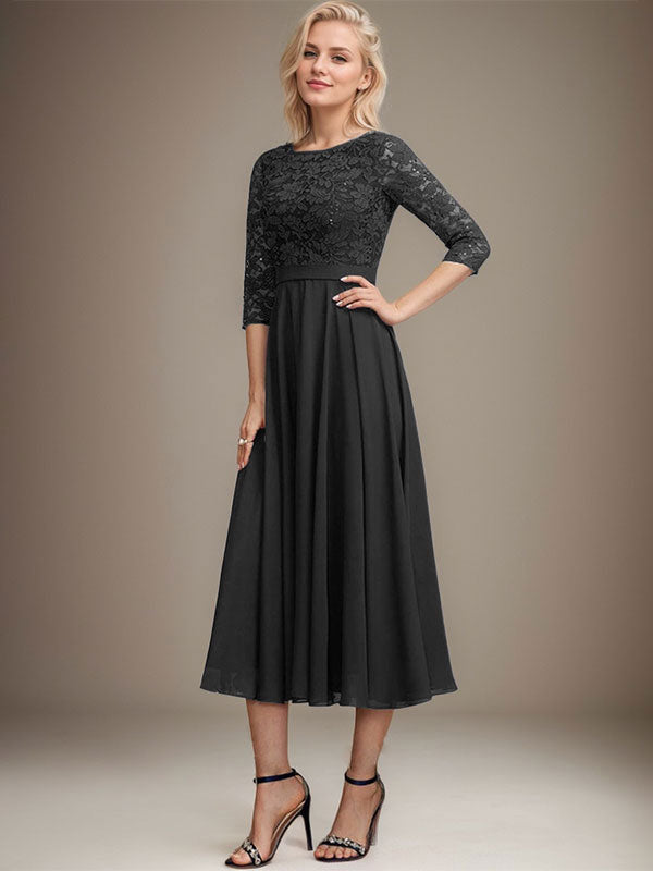 Vestido de gasa con encaje y lentejuelas para madre de la novia, corte A, escote redondo y largo hasta la rodilla