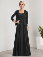 Vestido de madre de la novia de gasa con encaje, corte A, largo hasta el suelo, cuadrado y lentejuelas