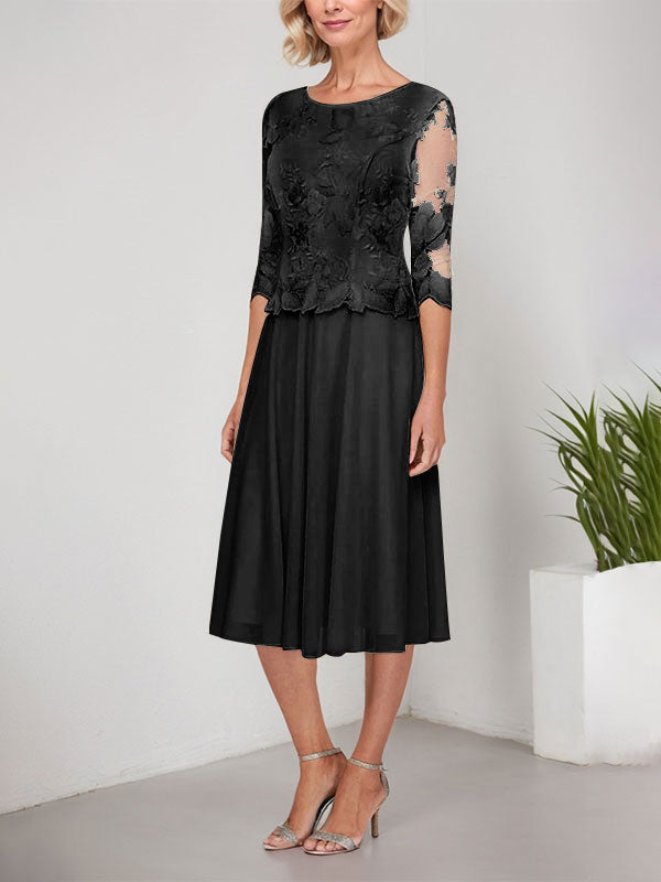 Vestido de gasa con encaje y bordado para madre de la novia, corte A, escote redondo y largo hasta la rodilla