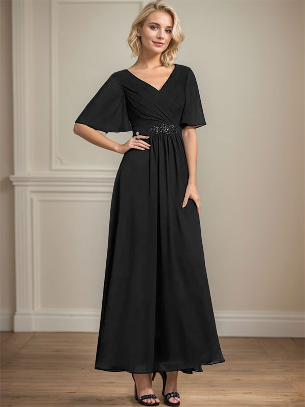 Vestido de gasa para madre de la novia con escote en V, largo hasta los tobillos, corte A y lentejuelas plisadas con cuentas