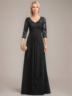 A-Linie V-Ausschnitt Bodenlanges Spitzen-Chiffon-Kleid für die Brautmutter mit kaskadierenden Rüschen und Pailletten 