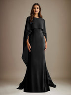 Vestido de gasa para madre de la novia, largo hasta el suelo, con escote barco y corte tubo/columna y volantes en cascada