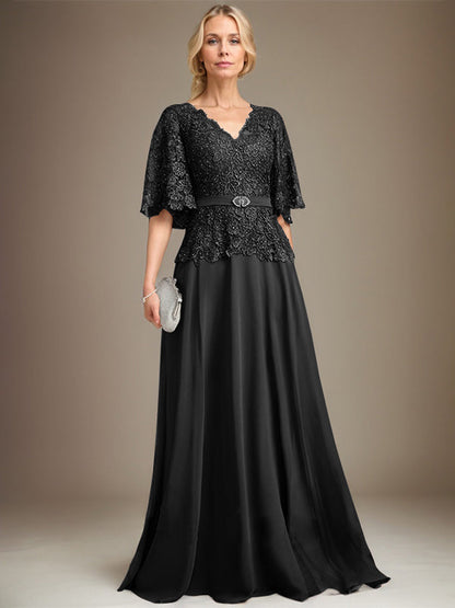A-Linie V-Ausschnitt Bodenlanges Chiffon-Spitzenkleid für die Brautmutter mit Kristallbrosche und Strass 