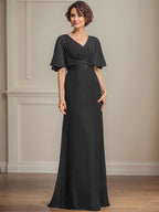 Vestido de gasa para madre de la novia, corte A, escote en V, largo hasta el suelo, con apliques de lentejuelas plisadas y encaje
