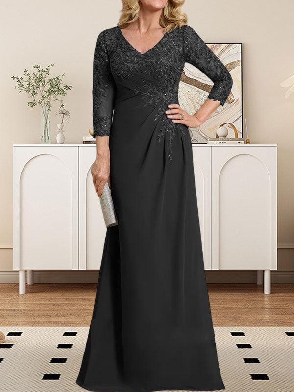 Vestido de madre de la novia de gasa con encaje, escote en V, ilusión, largo hasta el suelo, con lentejuelas plisadas