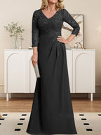 Vestido de madre de la novia de gasa con encaje, escote en V, ilusión, largo hasta el suelo, con lentejuelas plisadas