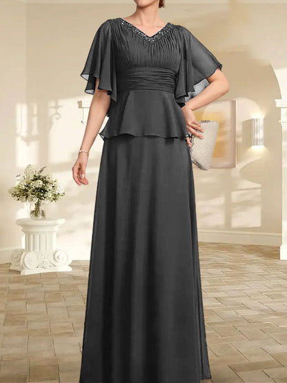 A-Linien-Kleid aus Chiffon mit V-Ausschnitt und bodenlangem Schnitt für die Brautmutter mit plissierten Perlen