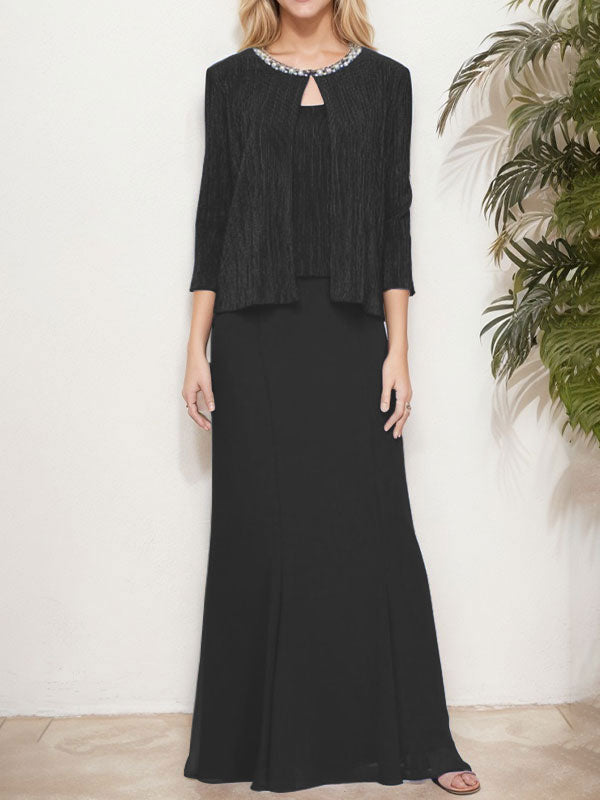 Vestido de dos piezas con efecto metálico y chaqueta