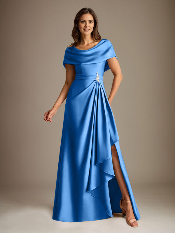 Vestido de madre de la novia de satén elástico, corte A, largo hasta el suelo, con escote redondo y volantes en cascada