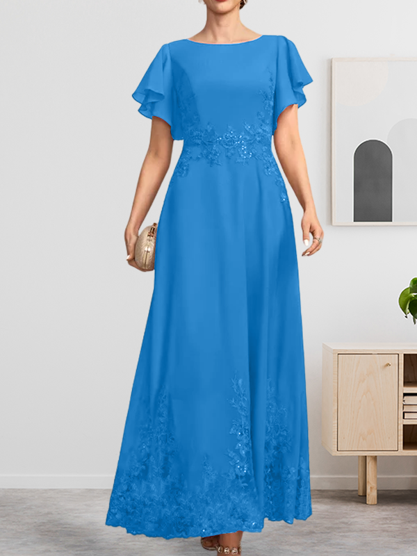 A-Linie U-Ausschnitt Knöchellang Spitzen-Chiffon-Kleid für die Brautmutter mit Pailletten