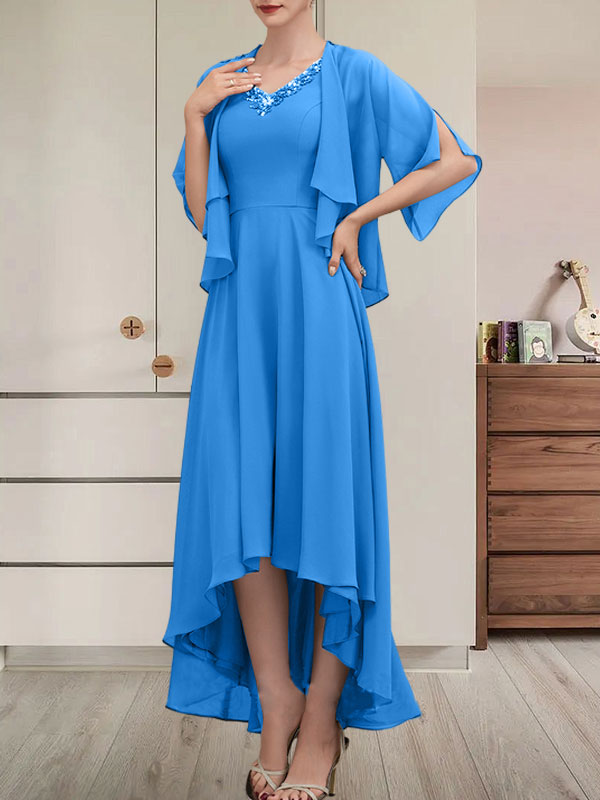 A-Linien-Kleid mit V-Ausschnitt, asymmetrischem Chiffon für die Brautmutter mit Perlen und Pailletten