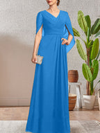 Vestido largo azul marino oscuro con escote en V y corte A para madre de la novia