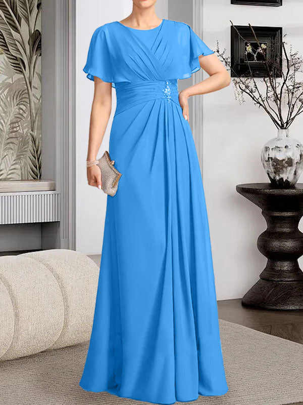Vestido de gasa para madre de la novia con corte en A, escote redondo y largo hasta el suelo, con cuentas plisadas