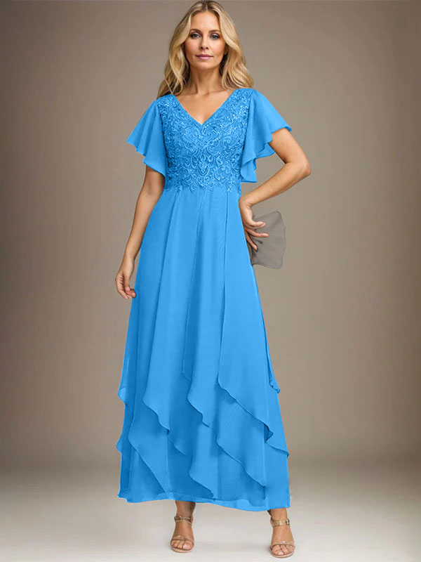 Vestido de gasa con encaje y escote en V hasta los tobillos para madre de la novia con volantes en cascada