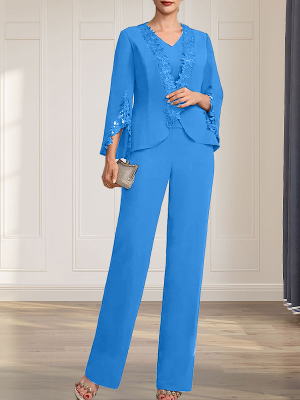 Vestido de gasa para madre de la novia, con escote en V y largo hasta el suelo, de mono/pantalón separado