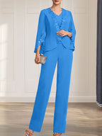 Vestido de gasa para madre de la novia, con escote en V y largo hasta el suelo, de mono/pantalón separado