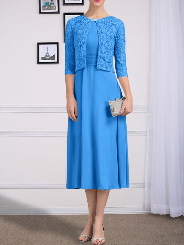 Vestido de gasa para madre de la novia con corte en A, escote redondo y largo hasta la rodilla con pliegues