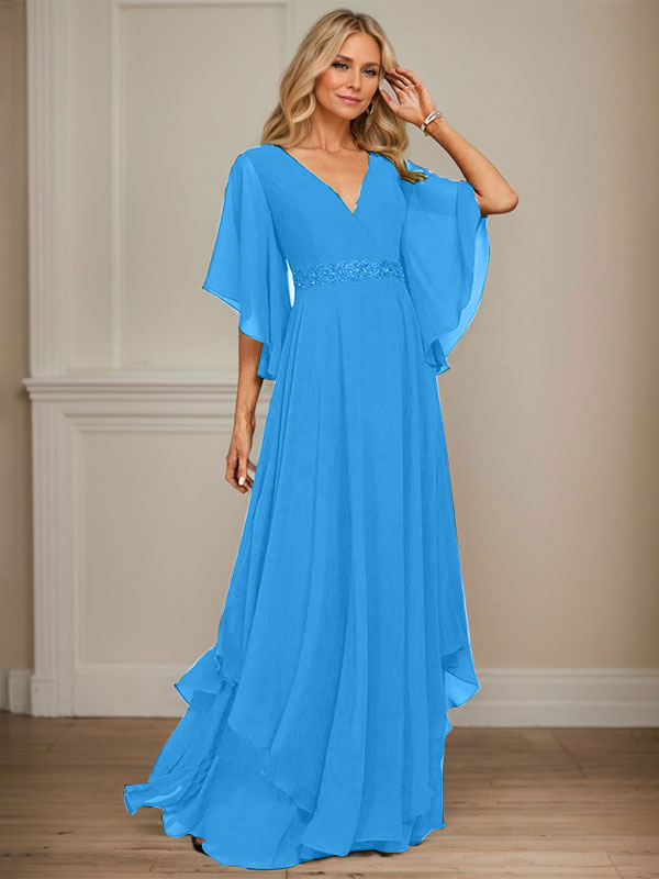 Vestido de gasa para madre de la novia, corte A, escote en V, largo hasta el suelo, con apliques de lentejuelas, encaje y abalorios