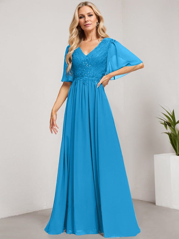 Vestido de madre de la novia de gasa con encaje, escote en V y lentejuelas, largo hasta el suelo