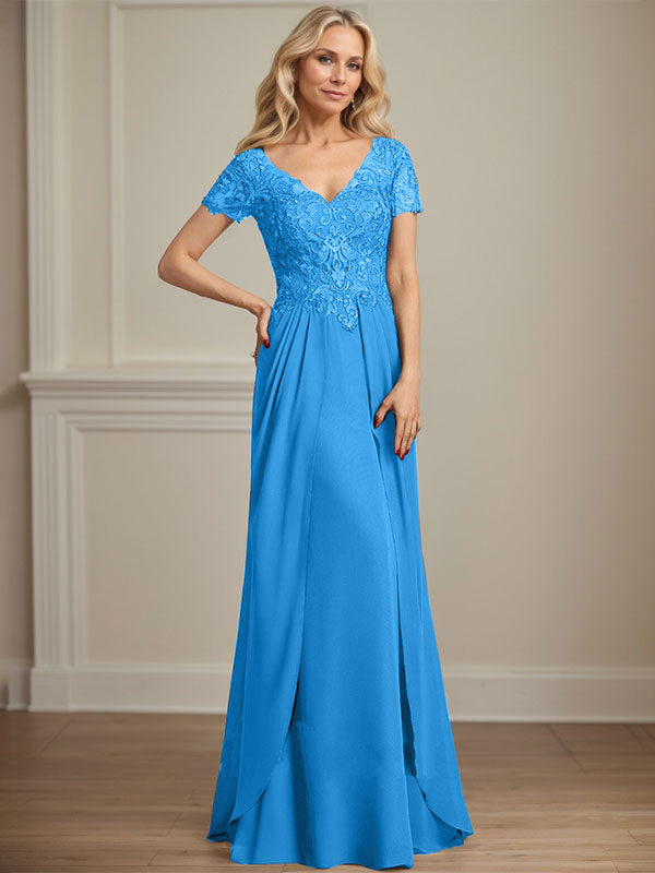 A-Linie V-Ausschnitt Bodenlanges Spitzen-Chiffon-Kleid für die Brautmutter mit kaskadierenden Rüschen und Pailletten 