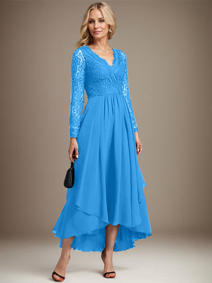 A-Linie V-Ausschnitt Asymmetrisches Chiffonkleid für die Brautmutter 